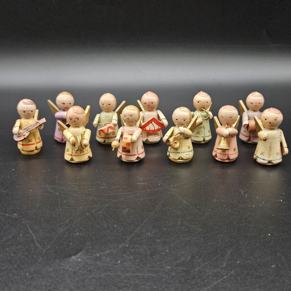 VTG Italian Wooden Christmas Angel Band Figurines Hand Painted Miniature 11